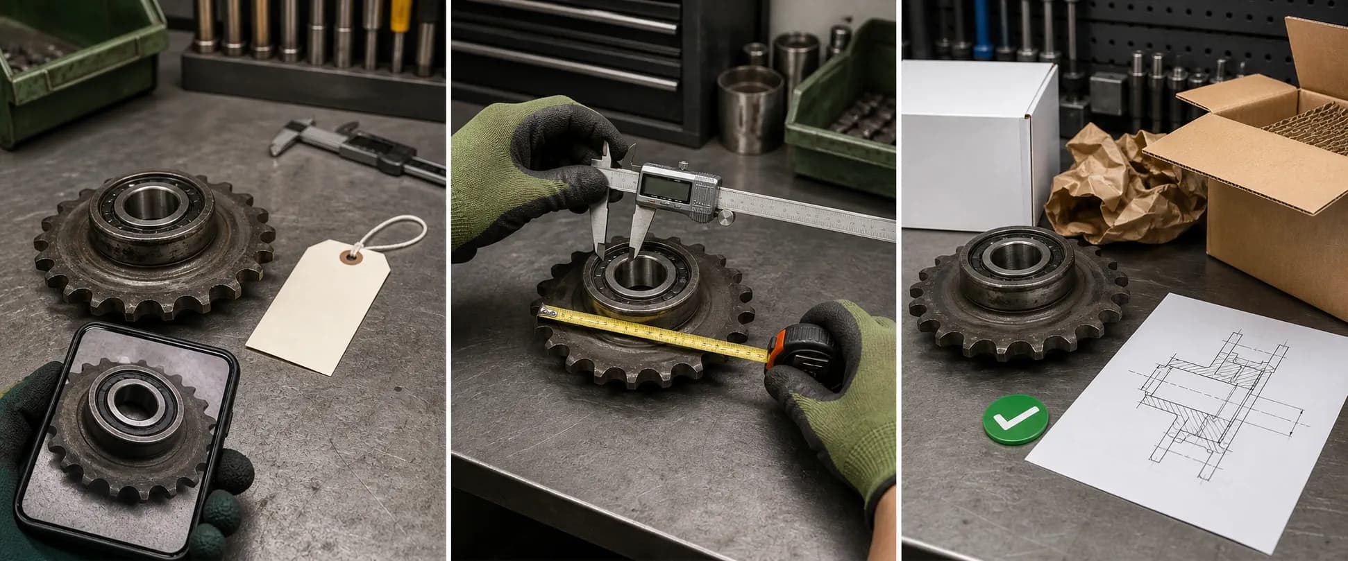 Three-step fitment process showing part identification, measurement, and supply confirmation