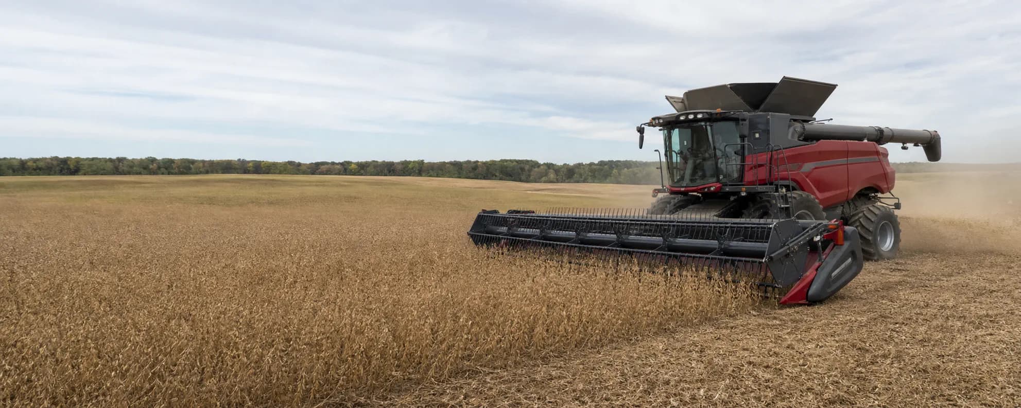 Combine harvester working through a North American soybean field