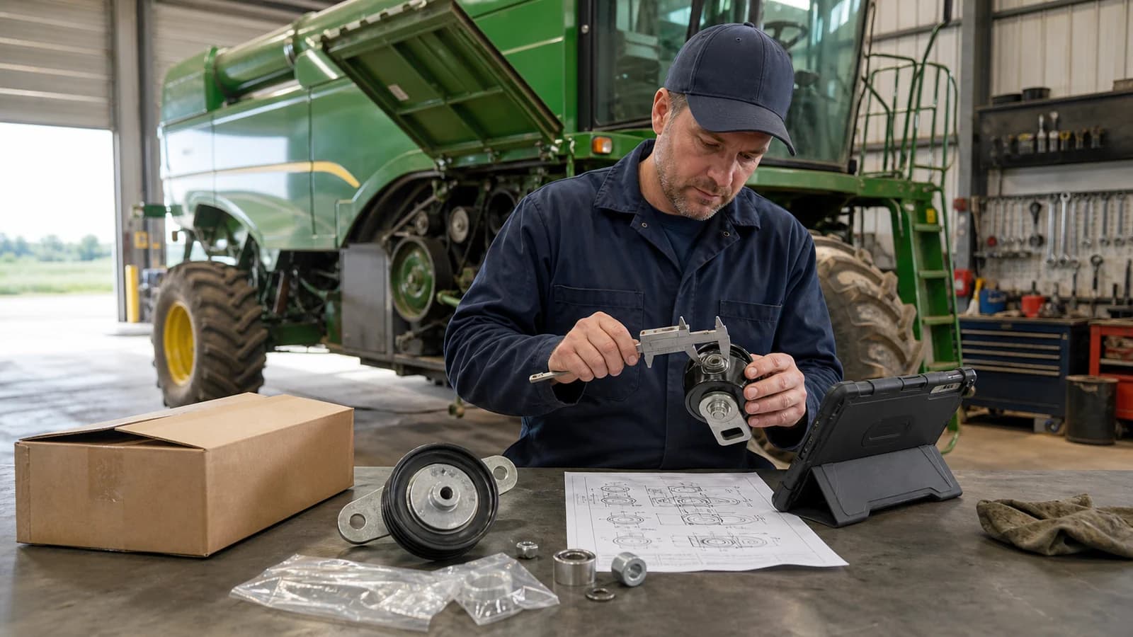 Technician checking combine replacement-part fitment with calipers and a parts diagram