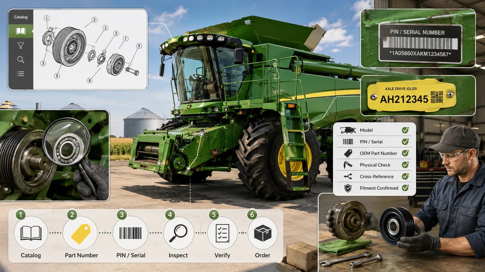 John Deere combine OEM part-number cross-reference workflow