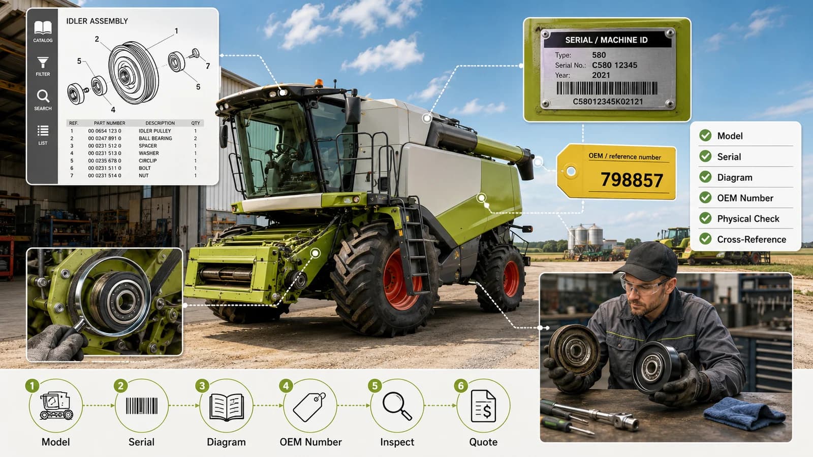 Illustrated CLAAS combine parts lookup workflow using model, serial, diagram, reference 798857, physical inspection, and quote steps; sample machine and diagram details are not fitment evidence.