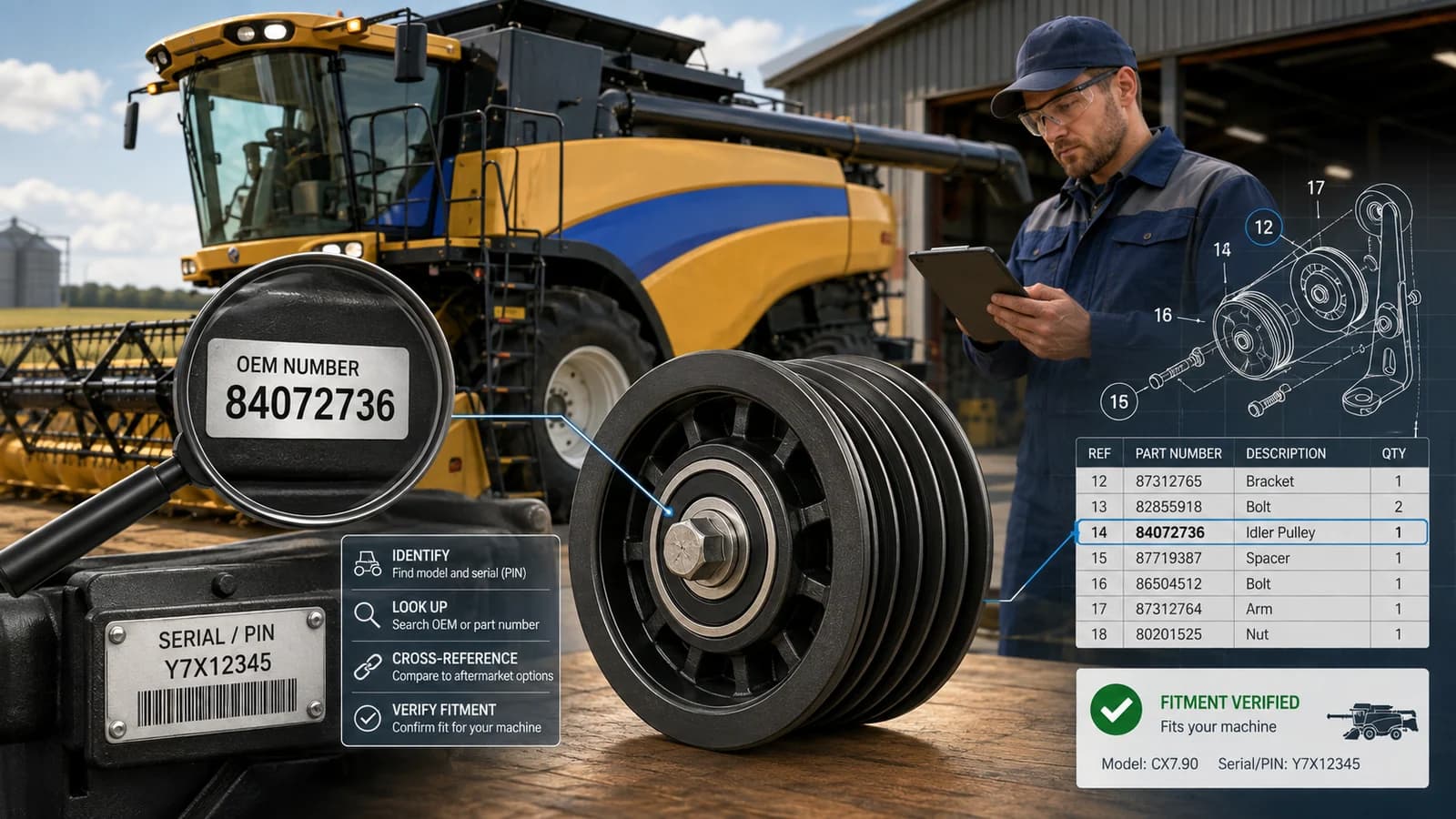 Illustrative New Holland parts lookup workflow using OEM 84072736; sample model and PIN details require independent fitment verification