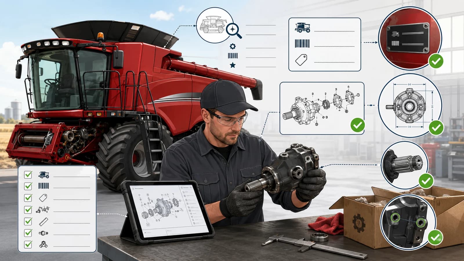 Case IH combine part fitment verification checklist with machine, serial plate, diagram, measurements, and component checks