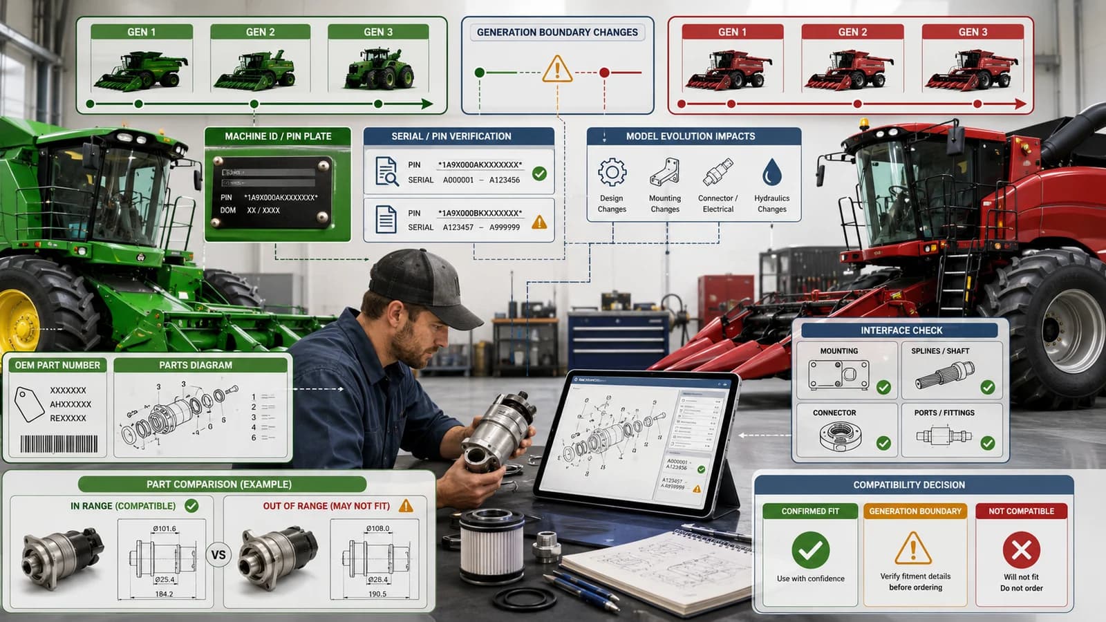 John Deere and Case IH combine model generation compatibility checklist with serial number, PIN plate, boundary changes, and part interface checks