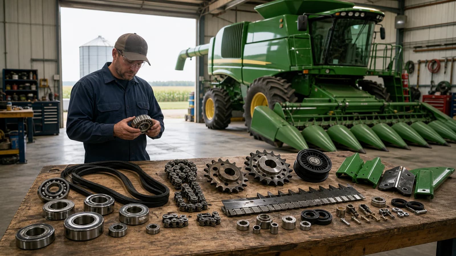 Common combine wear parts organized for pre-harvest inspection